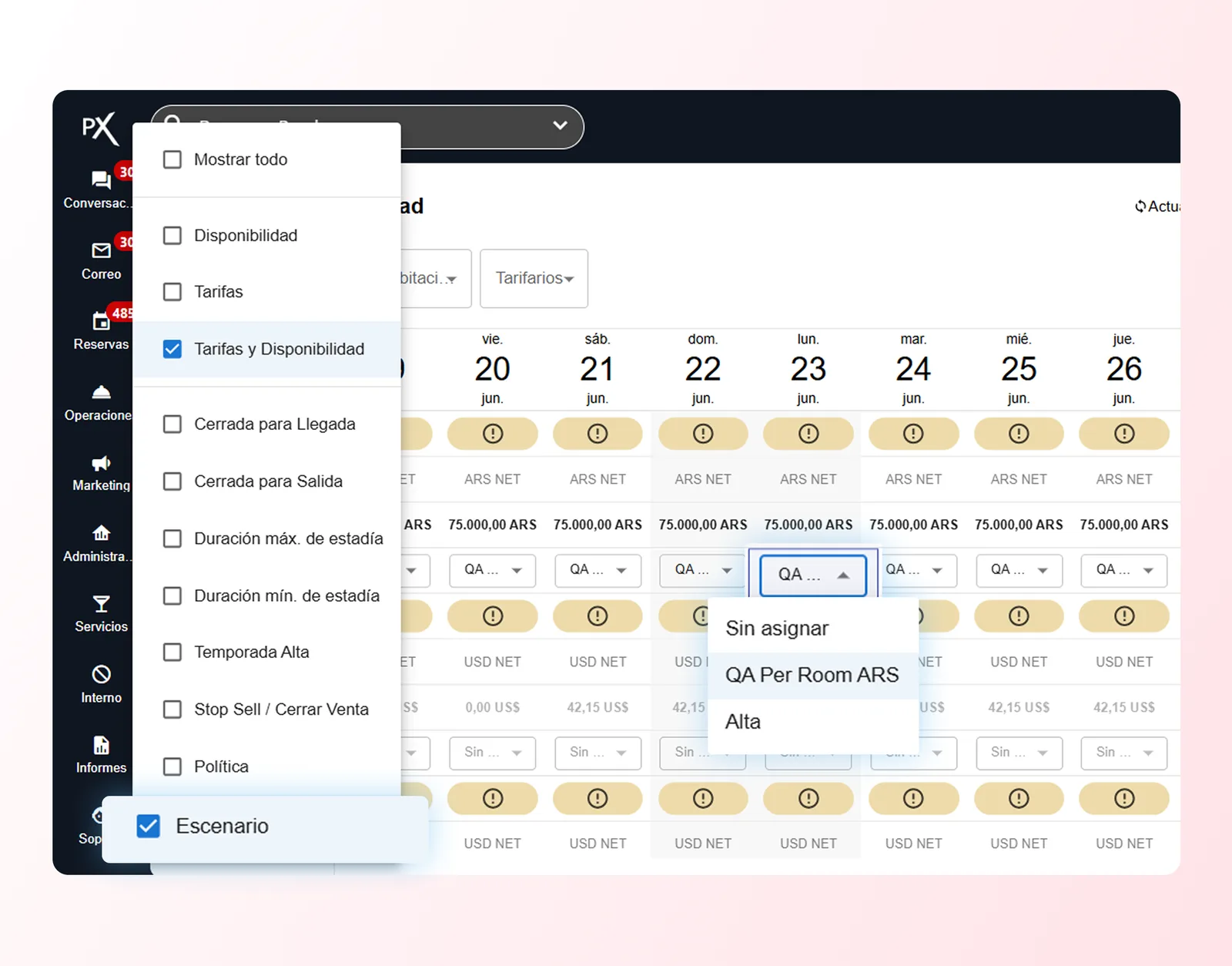 Escenarios en Tarifa y Disponibilidad